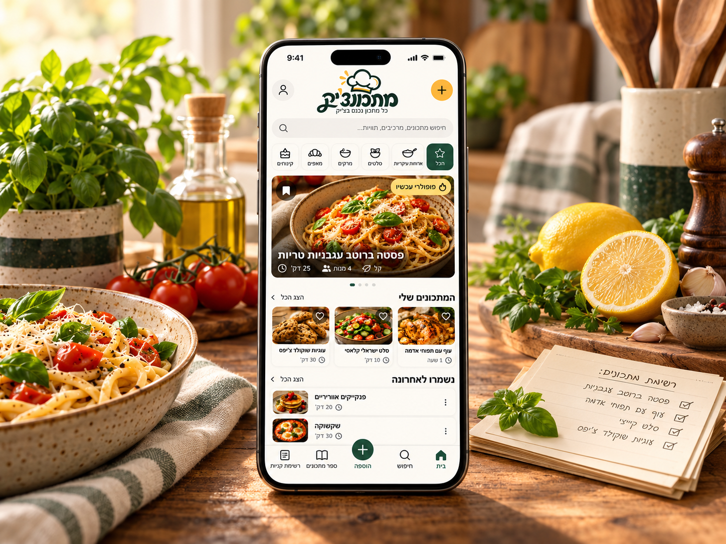 Illustrative concept of the Matkonchik recipe app on a phone in a warm kitchen, with the entire phone visible